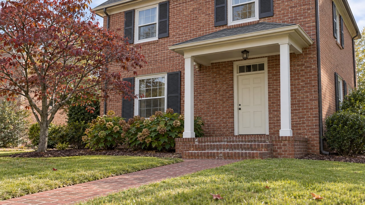 Red brick two-story home with white porch posts, charcoal shutters, a brick walkway and a dogwood showing early autumn color.