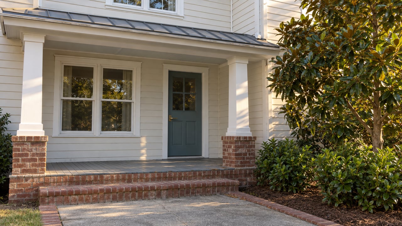 Off-white lap-sided home with a blue-green entry door, square porch columns, brick steps and a small magnolia beside gardenias.