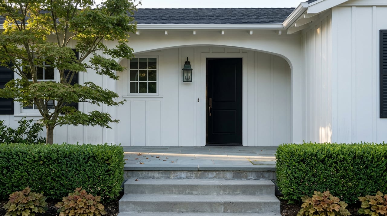 Three concrete steps lead to an arched porch with a partly open black door, bluestone floor, and clipped hedges.