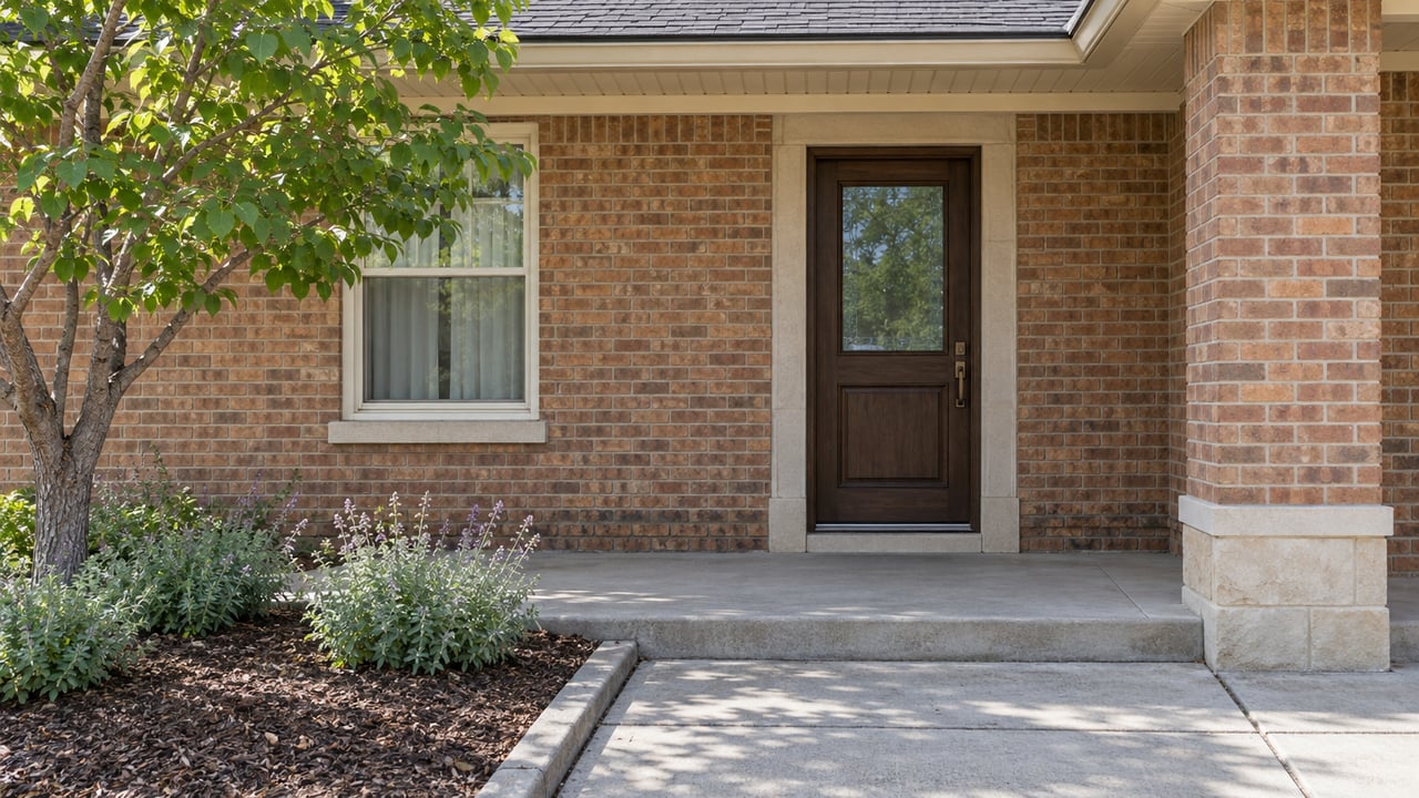 Russet brick home entry with an oak door, cream-trimmed window, concrete walk and a redbud beside a small planted bed.