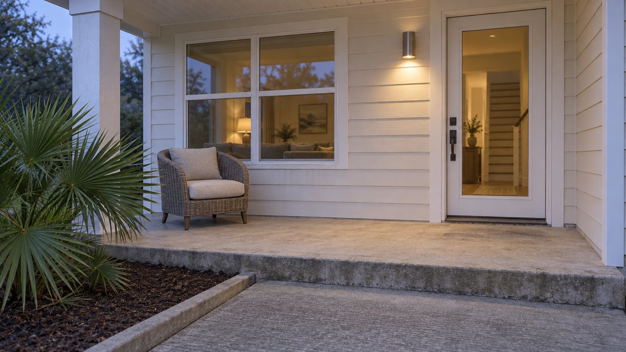 A light-clad home's covered porch at blue hour, with closed glazed entry, woven chair and a dwarf palmetto beside the concrete approach.