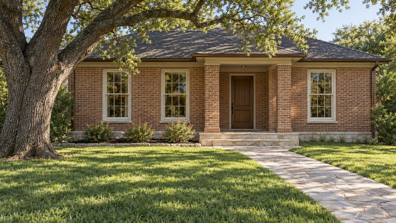 Updated red-brick cottage with limestone porch steps, a deep front lawn and a mature spreading live oak in morning light.
