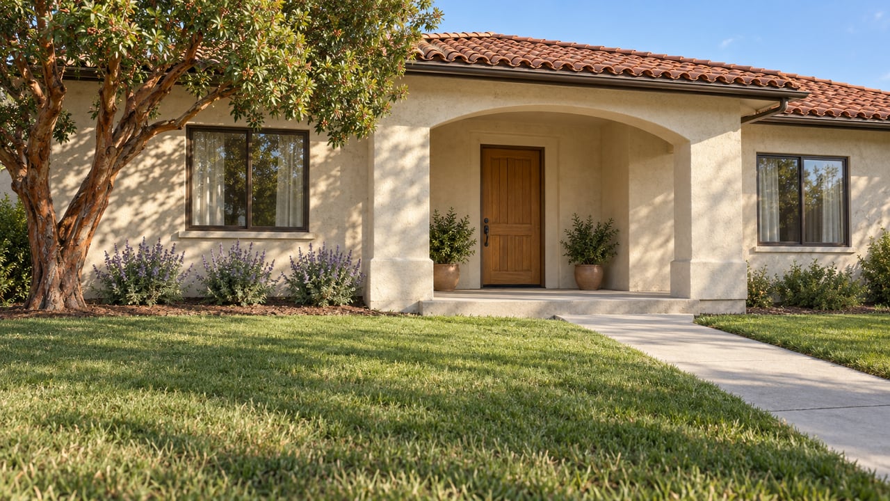 Cream stucco home with a terracotta roof, recessed arched porch, broad front lawn and mature strawberry tree in afternoon light.
