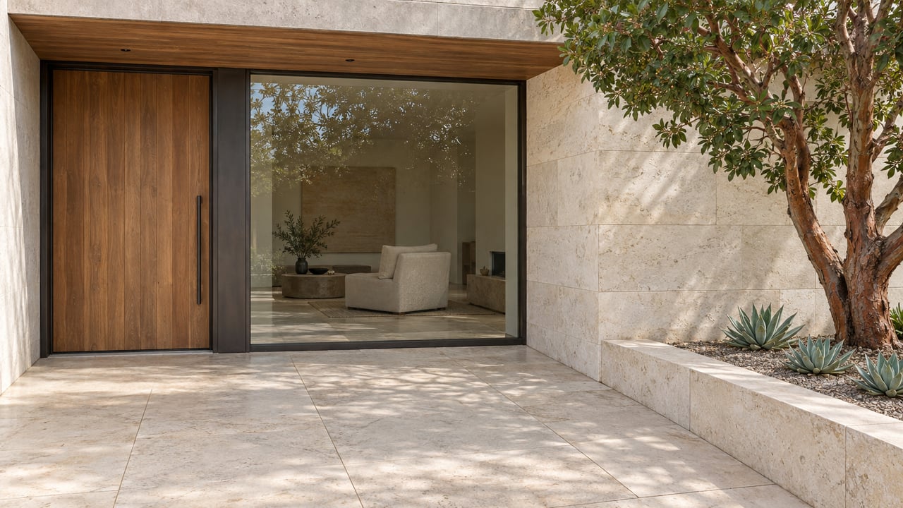 Limestone entry terrace beside a cedar door and bronze-framed glass, with a sculptural strawberry tree in a raised stone bed.