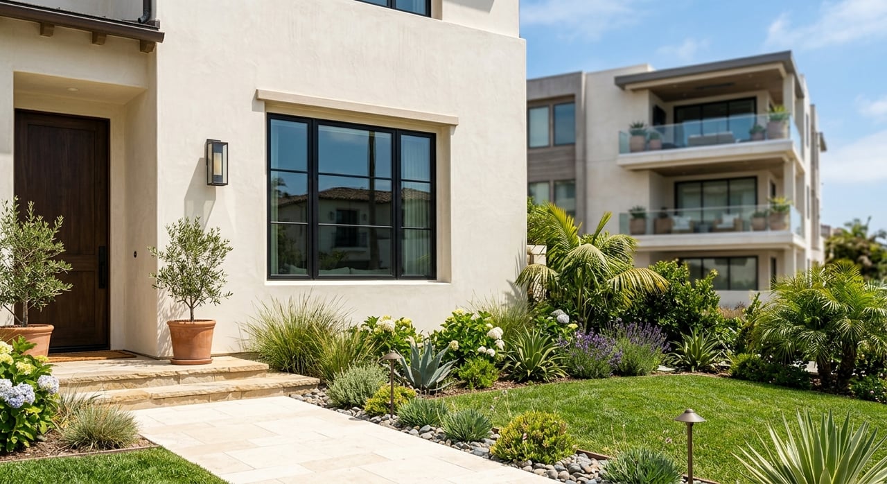 Warm-white stucco house with a black window, pale stone approach, tropical planting, and blurred condo balconies behind.