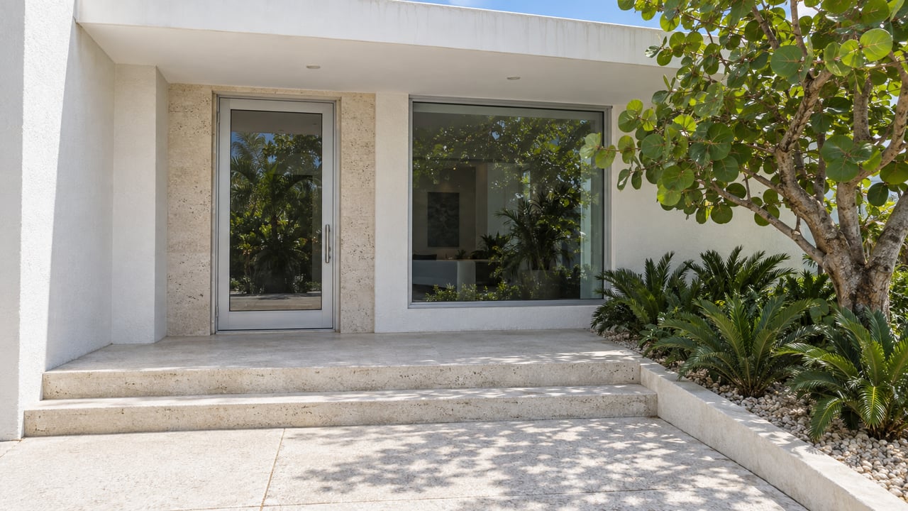 Modern home entrance with a glass door, pale stone steps, and tropical landscaping.