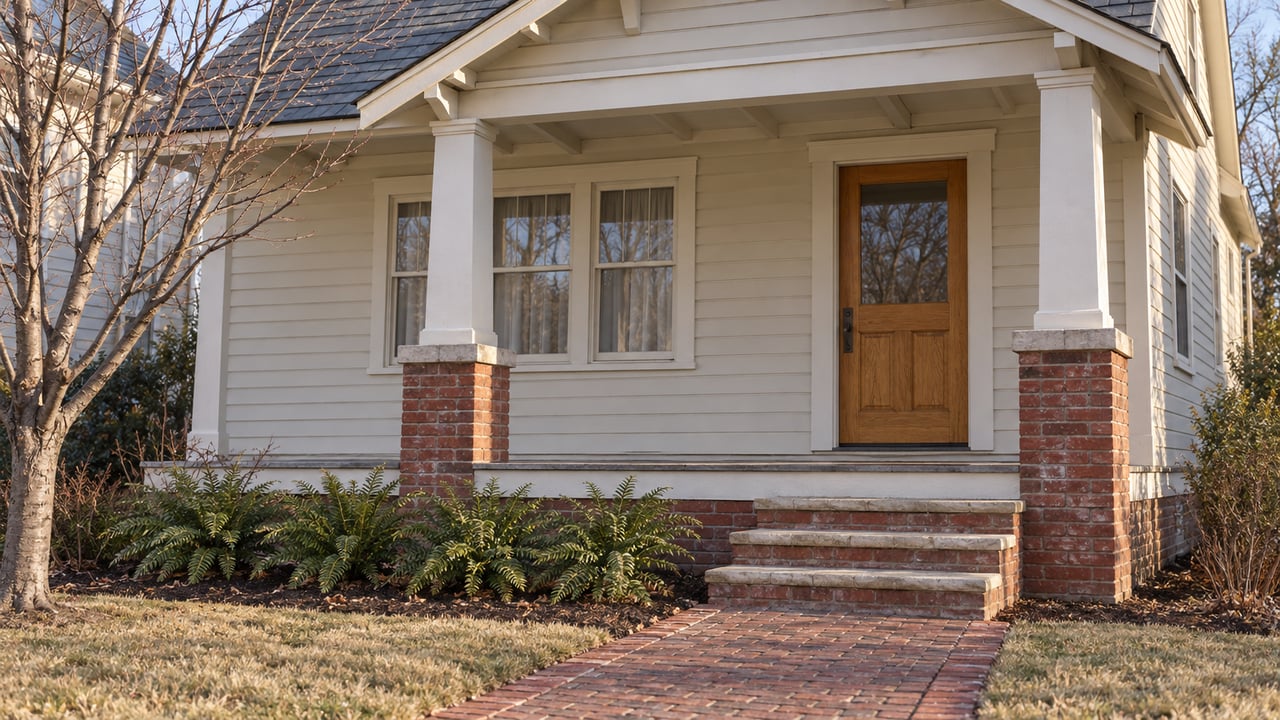 Winter morning light on a cream clapboard house with a sheltered porch, brick approach and bare redbud tree.