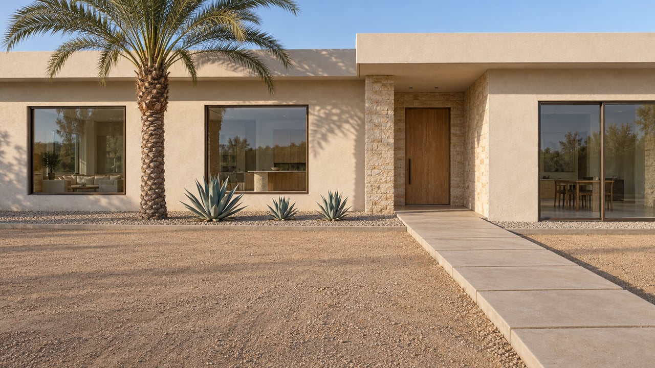 Low stucco residence with limestone entry, bronze-framed glazing and a broad gravel forecourt beside a date palm.
