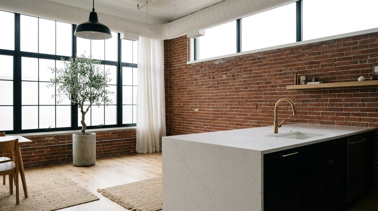 Converted loft with red brick walls, a white quartz island, factory windows, and a potted olive tree.