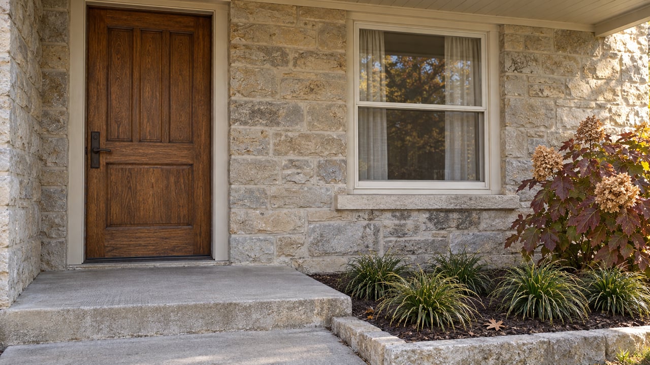Autumn light on a limestone home's oak front door, ivory-trimmed window, and concrete porch beside oakleaf hydrangea.