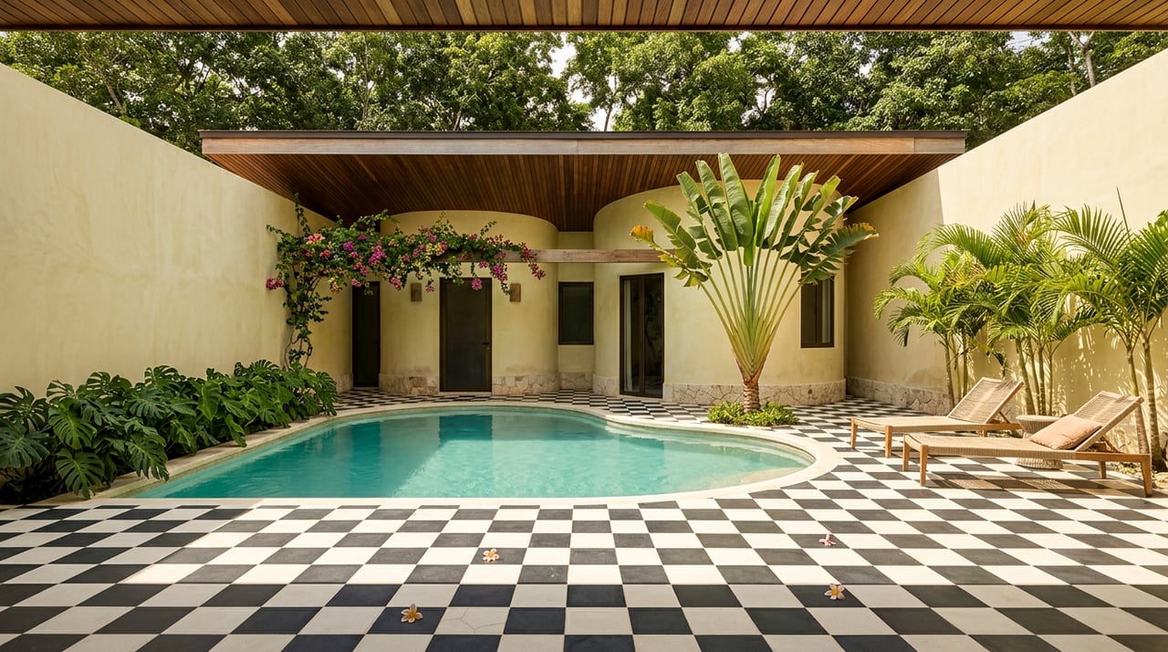 White pod-shaped villa overlooks a turquoise pool and checkerboard deck striped by sharp roof shadows.