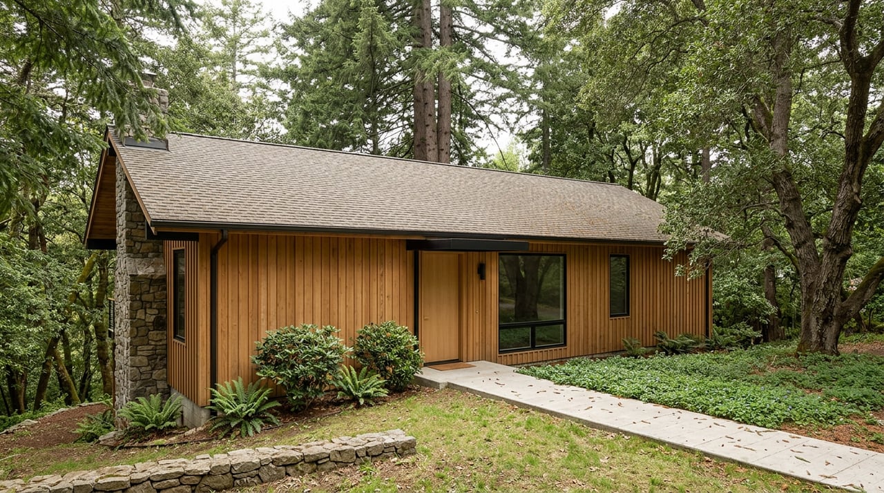 Cedar-sided woodland home with gray roof, stone chimney, black entry canopy, and concrete path.