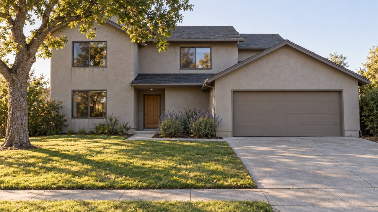 Two-story stucco home with a deep lawn, mature oak, concrete driveway and warm afternoon light.