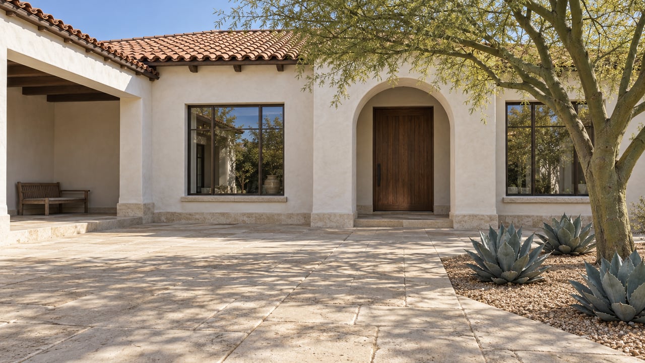 White stucco home with a clay-tile roof, recessed walnut entrance and limestone forecourt beside a sculptural green-trunked tree and three agaves.