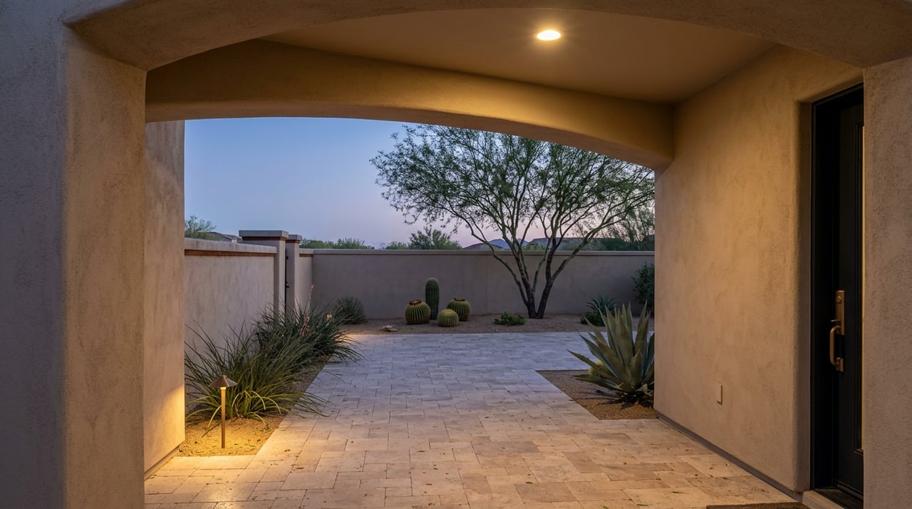 Arched stucco entry frames a travertine courtyard with cacti, a silhouetted tree, and warm brass lights.