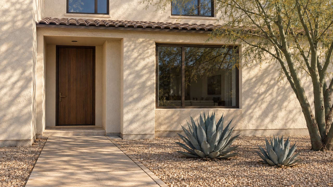 Ivory stucco attached home with bronze-framed windows, a recessed walnut entrance and a paver approach beside desert planting.