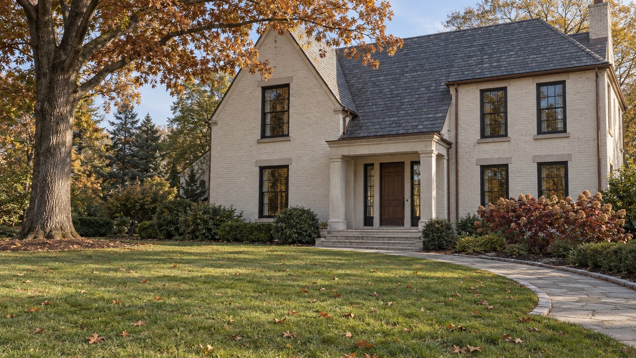 Ivory brick home with slate gables and a limestone entry porch beyond a deep autumn lawn and a mature white oak.