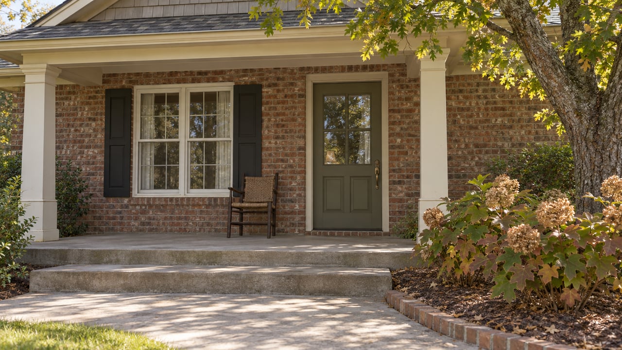 Brick home entry with cream porch posts, an olive door, broad concrete steps and oakleaf hydrangeas in autumn light.