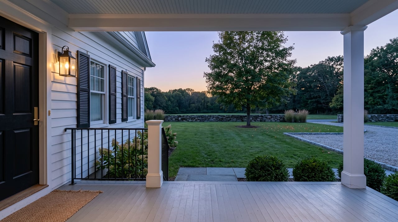 Two glowing black lanterns flank a front door, overlooking a lawn, maple tree, and fieldstone wall at dusk.