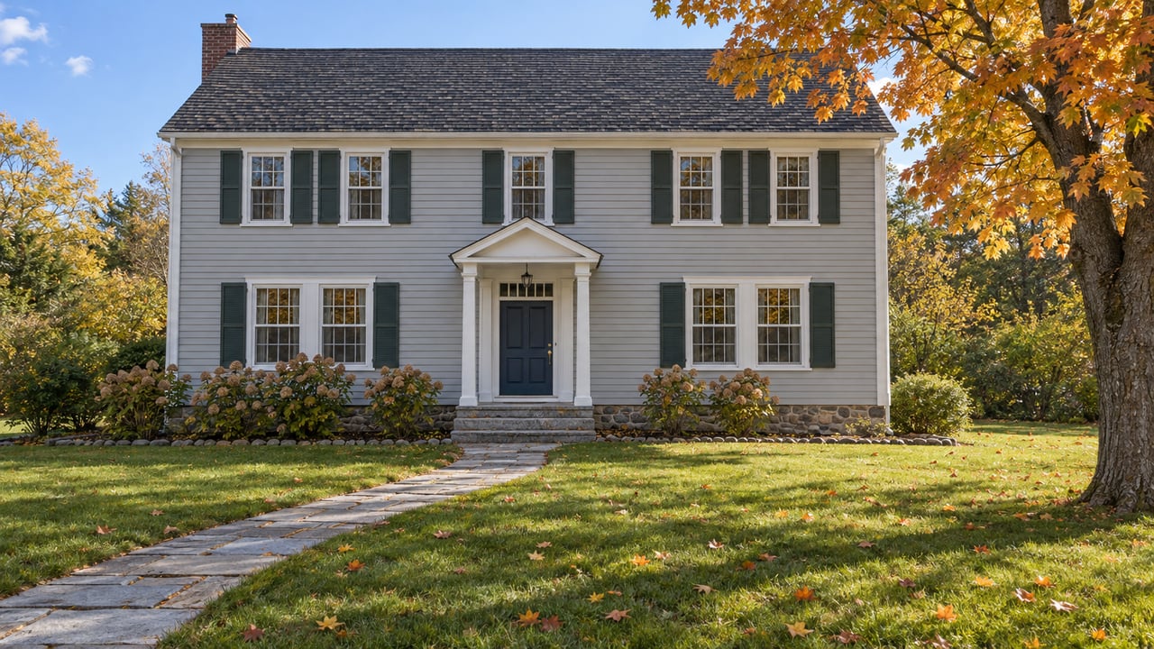 Pale-gray clapboard home with a centered covered entry, granite walkway, deep lawn, and golden-leaved sugar maple.