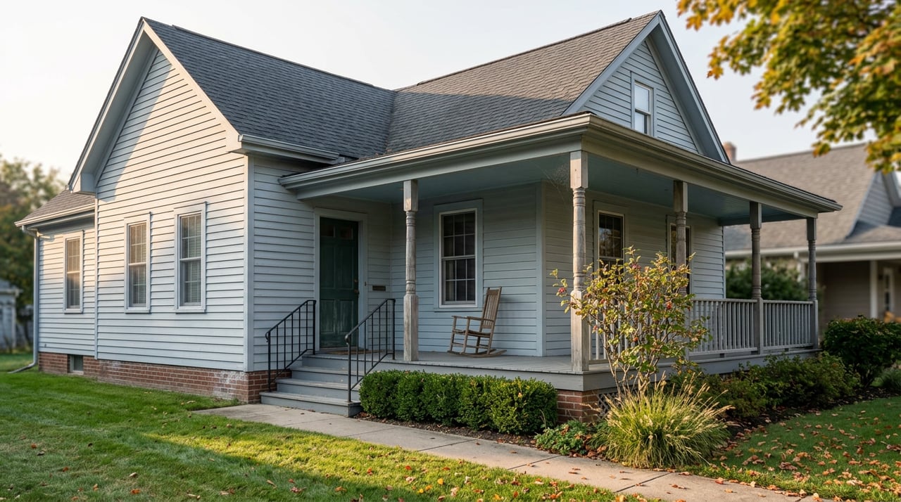 Historic blue-gray cottage with a steep roof, deep porch, dark green door, and fallen autumn leaves.