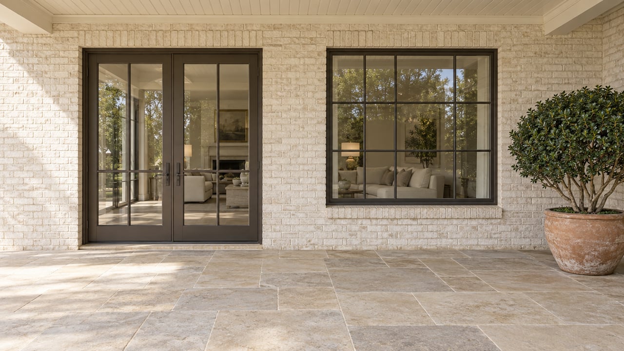 Ivory painted-brick covered terrace with bronze-framed glass doors, limestone paving and a sculptural yaupon in a terracotta pot.