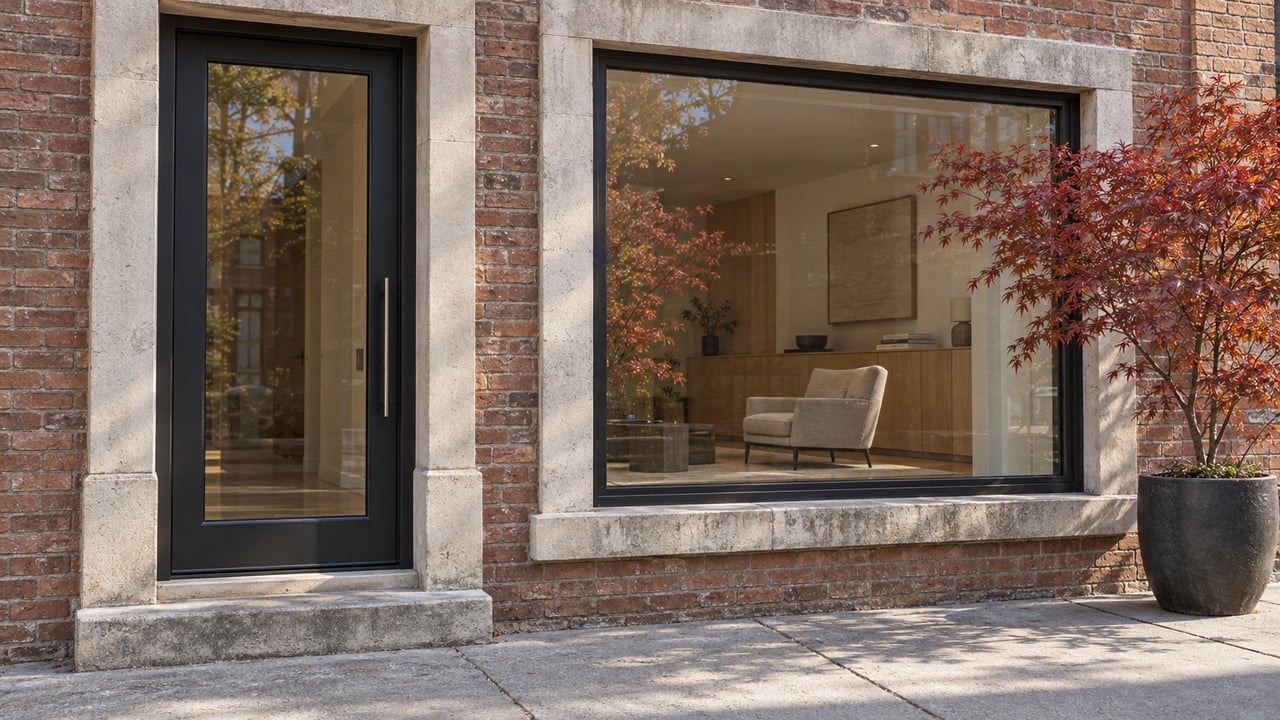 Sunlit brick residential entrance with black-framed glazing, pale limestone surrounds, and a copper-leaved Japanese maple beside the window.