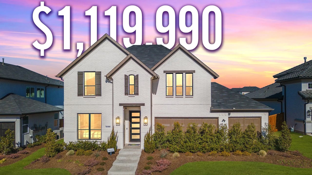 Two-story white brick house with a three-car garage beneath a $1,119,990 price overlay.