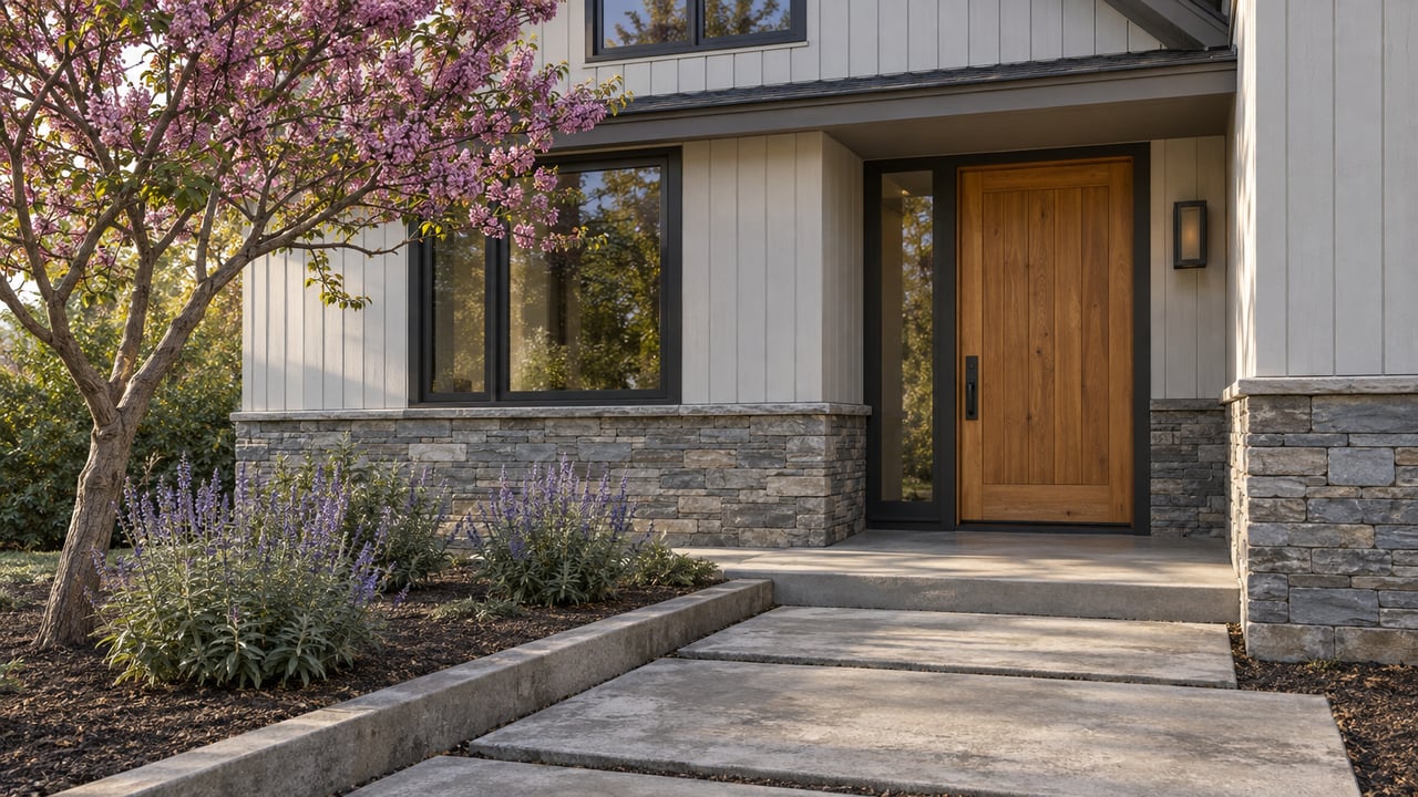 Two-story home entry with cedar door, stone base, concrete stepping slabs, and a pruned tree and salvias.