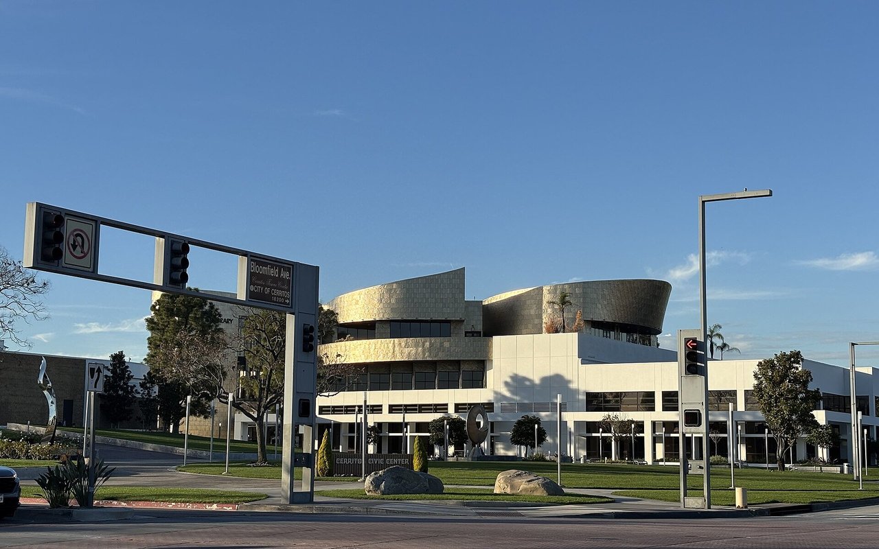 Cerritos Civic Center and library street frontage in January 2026