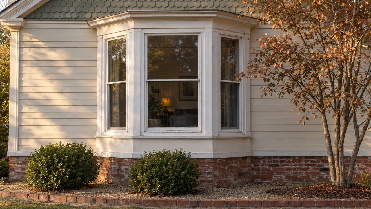 Ivory clapboard house with a projecting bay window, sage-shingled gable, and copper-leaved tree.