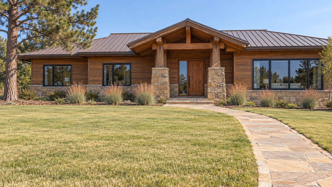 Stone-and-wood custom home with broad roof overhangs, large windows and a deep lawn beside a sandstone entry path.