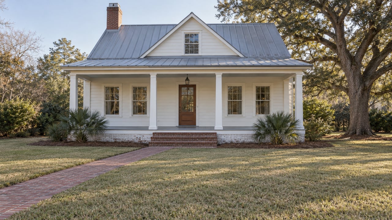 A white clapboard cottage with a metal roof and brick chimney stands beyond a deep lawn and brick walk, with a spreading live oak at the right.