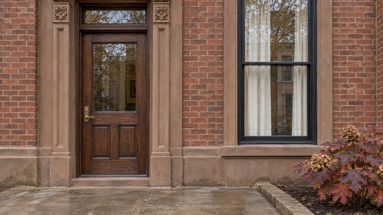 A dark wood townhouse entrance and tall sash window framed by weathered brown sandstone and reddish brick, with autumn oakleaf hydrangea beside the landing.