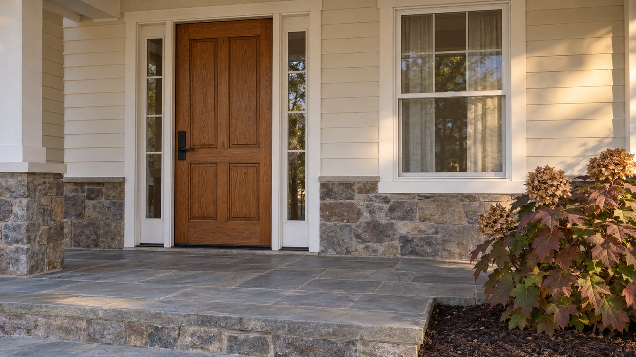 Covered entry with a stained oak door, cream siding, weathered stone base and burgundy oakleaf hydrangea beside bluestone paving.