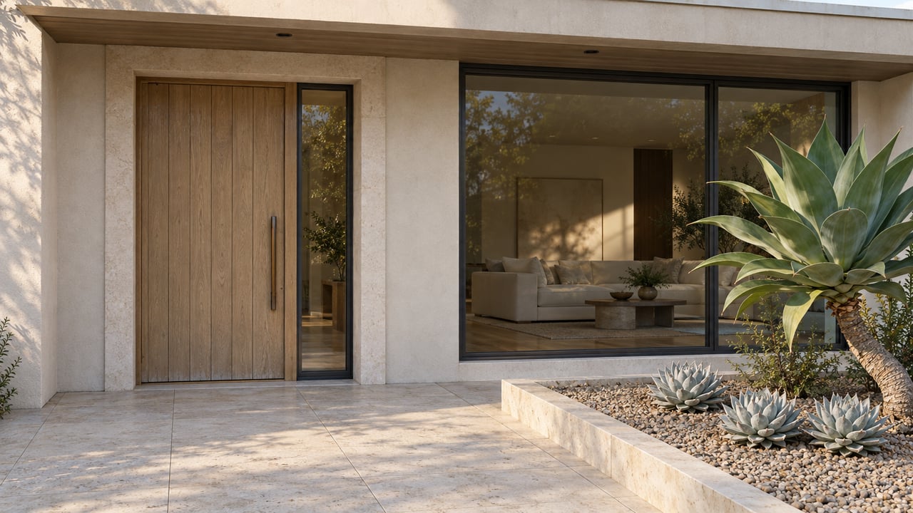 Close view of a pale stucco home's recessed wood entry, dark-framed glazing and limestone terrace beside sculptural succulents.