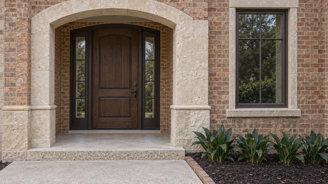 Cream limestone arch and warm brick surround a recessed oak front door, beside a bronze-framed window and shaded cast-iron plants.