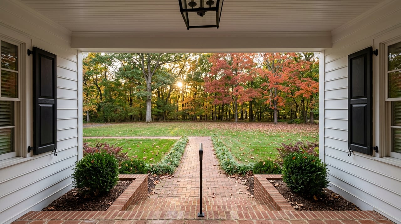 Brick steps and walkway lead past shuttered white clapboard walls across lawn to autumn trees.