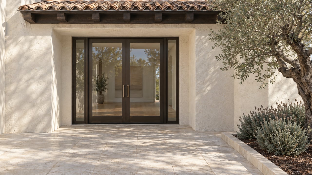 Ivory stucco estate entry with closed bronze-framed glass doors, weathered terracotta roof tiles, limestone paving, and a sculptural olive tree.