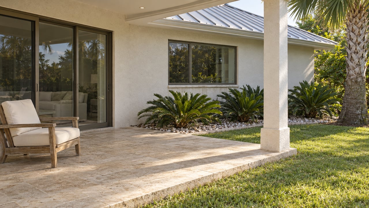 Sunlit white-stucco home with bronze-framed sliding doors, a limestone lanai, teak chair and a palm beside a small garden.
