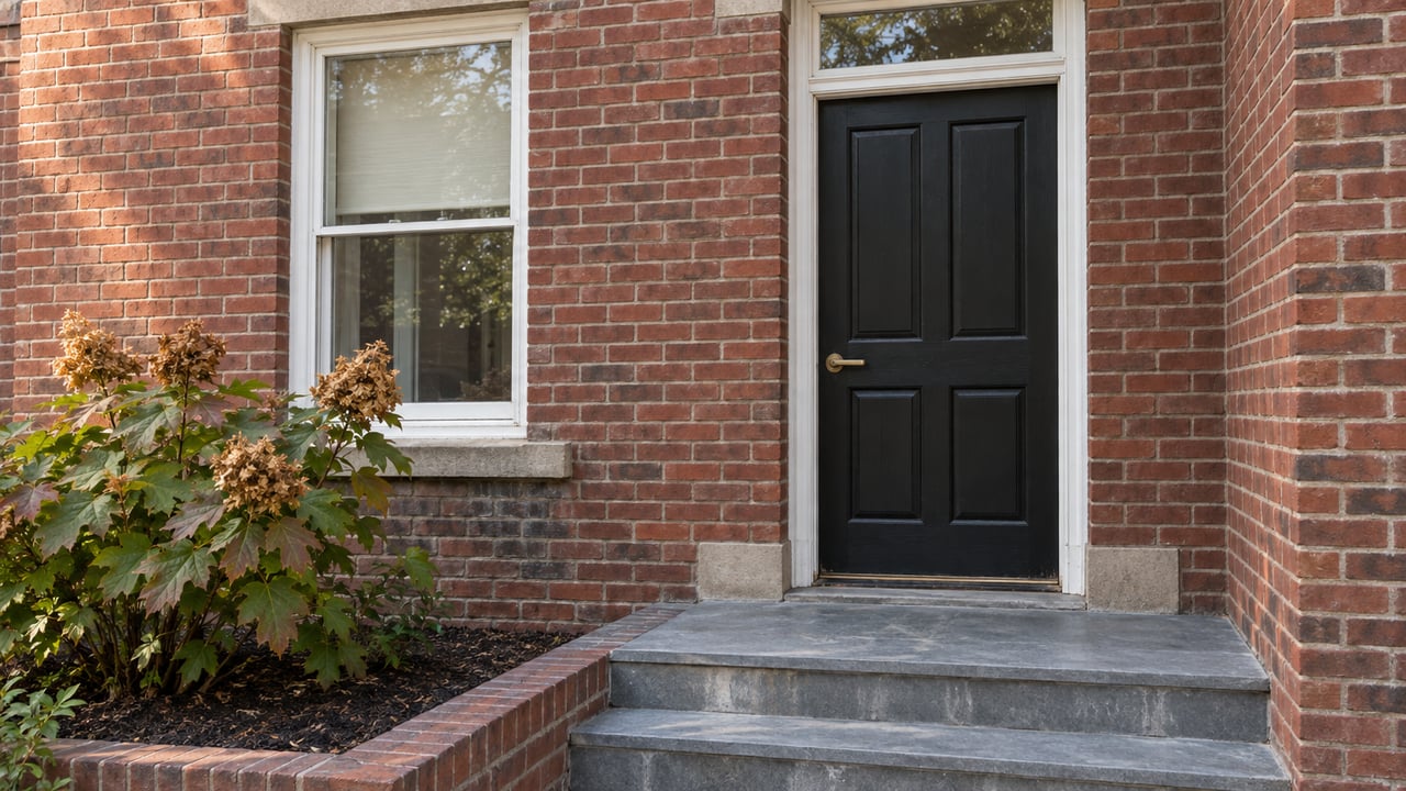 Red-brick residential entry with a black paneled door, white sash window, worn stone steps and oakleaf hydrangea.