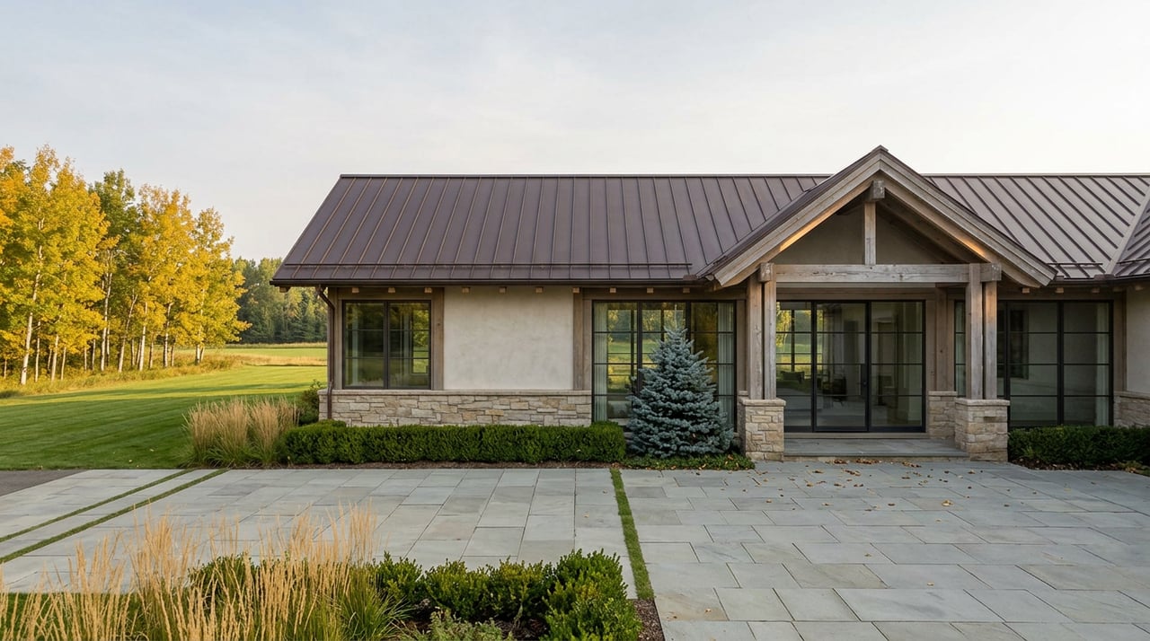 Stone-and-timber estate entry beside a stone motor court, with golden aspens and golf-course turf beyond.