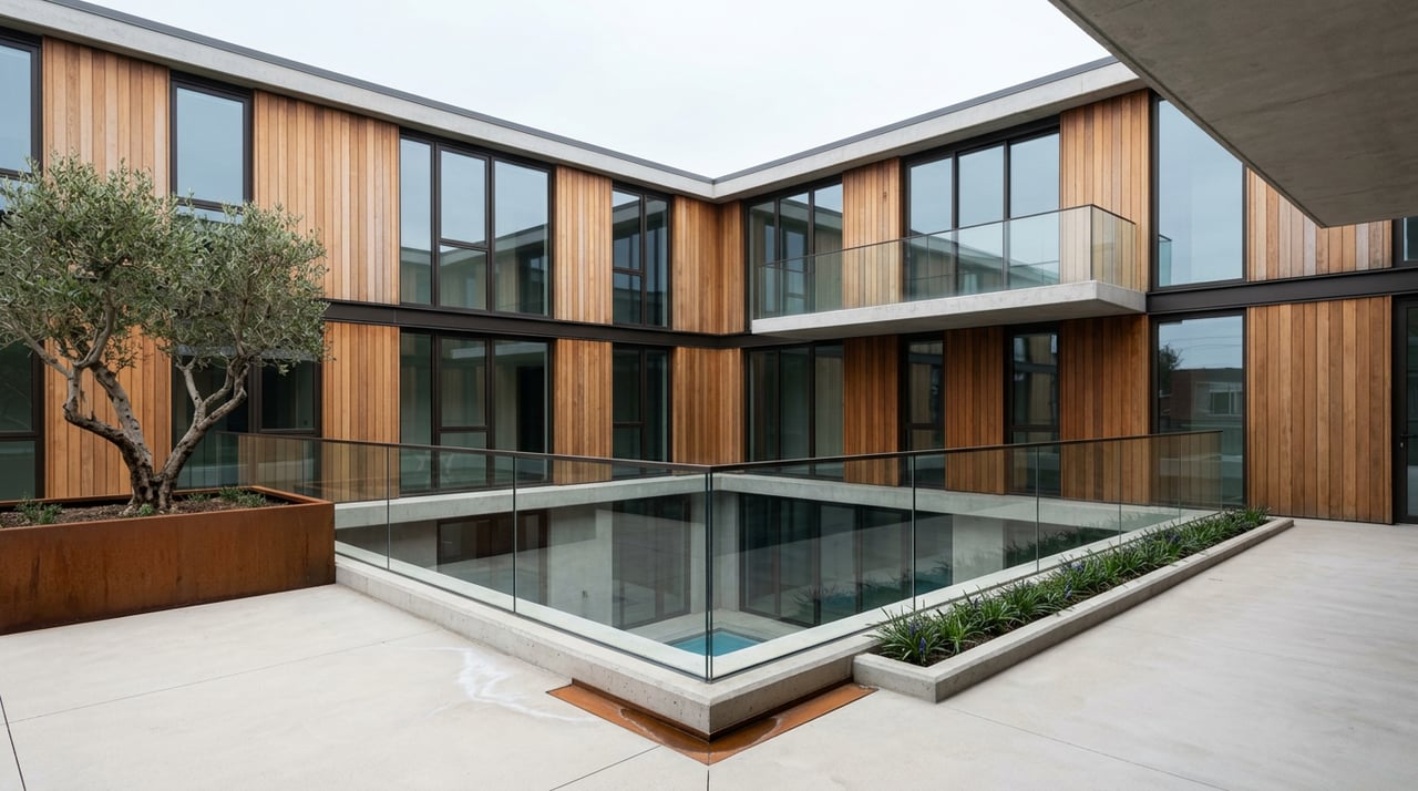 Concrete terrace with a corten planter and olive tree overlooks a courtyard and a wood-clad building with a glass balcony.