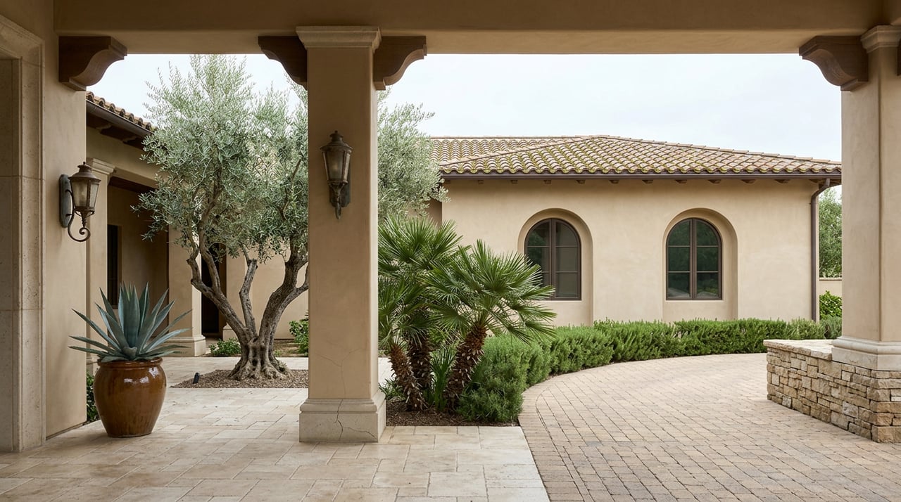Travertine entry opens onto a paver courtyard with an olive tree, urn agave, and arched stucco facade.