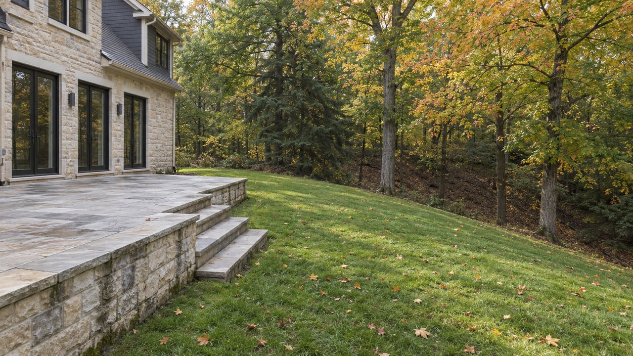 Pale masonry house and stone terrace overlook a broad lawn ending at a wooded, leaf-strewn slope.
