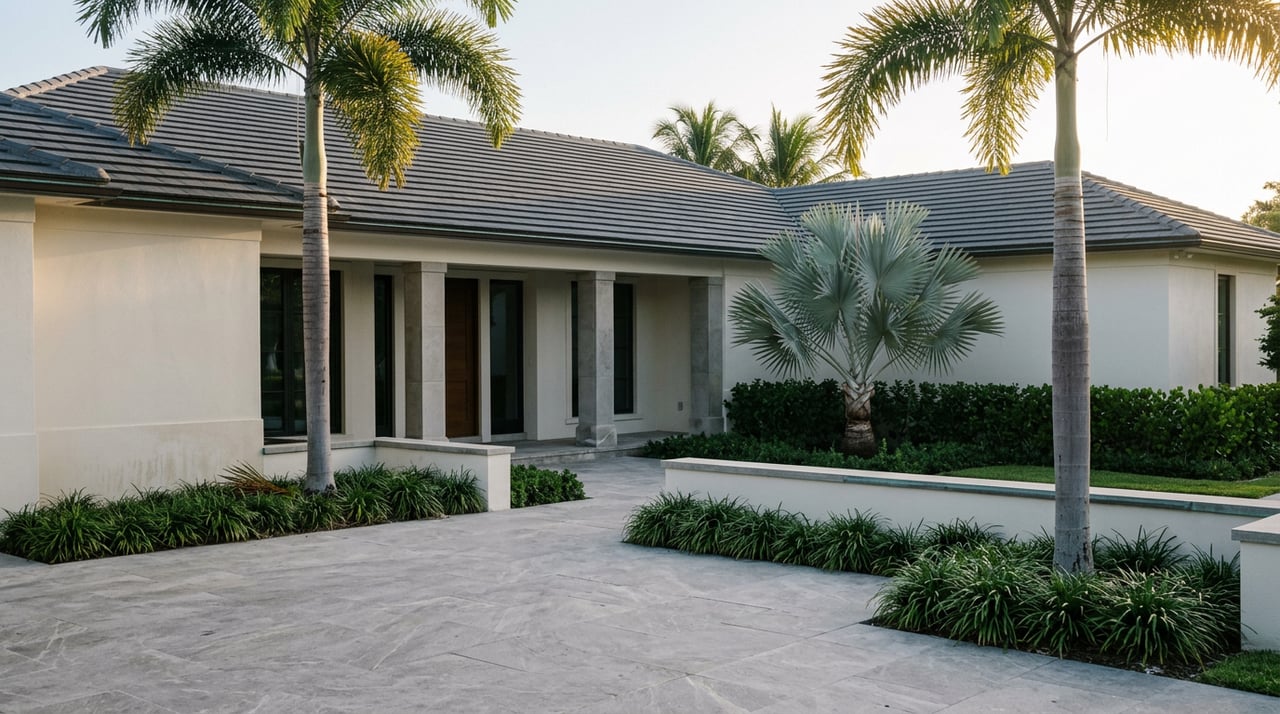 Custom stucco residence with charcoal tile roof, broad stone forecourt, and mature royal palms.