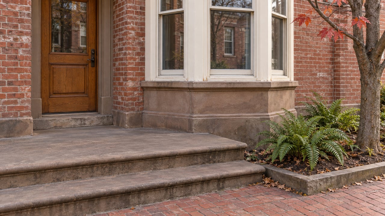 Red-brick townhouse bay and glazed oak entrance above weathered brownstone steps and a brick sidewalk, beside a red maple and evergreen ferns.
