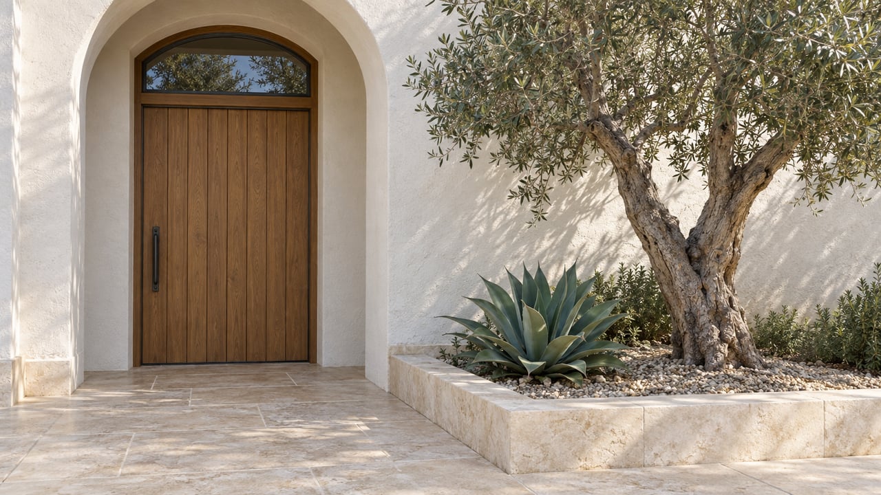 Arched wood front door beside an olive tree and agave in a stone planter.