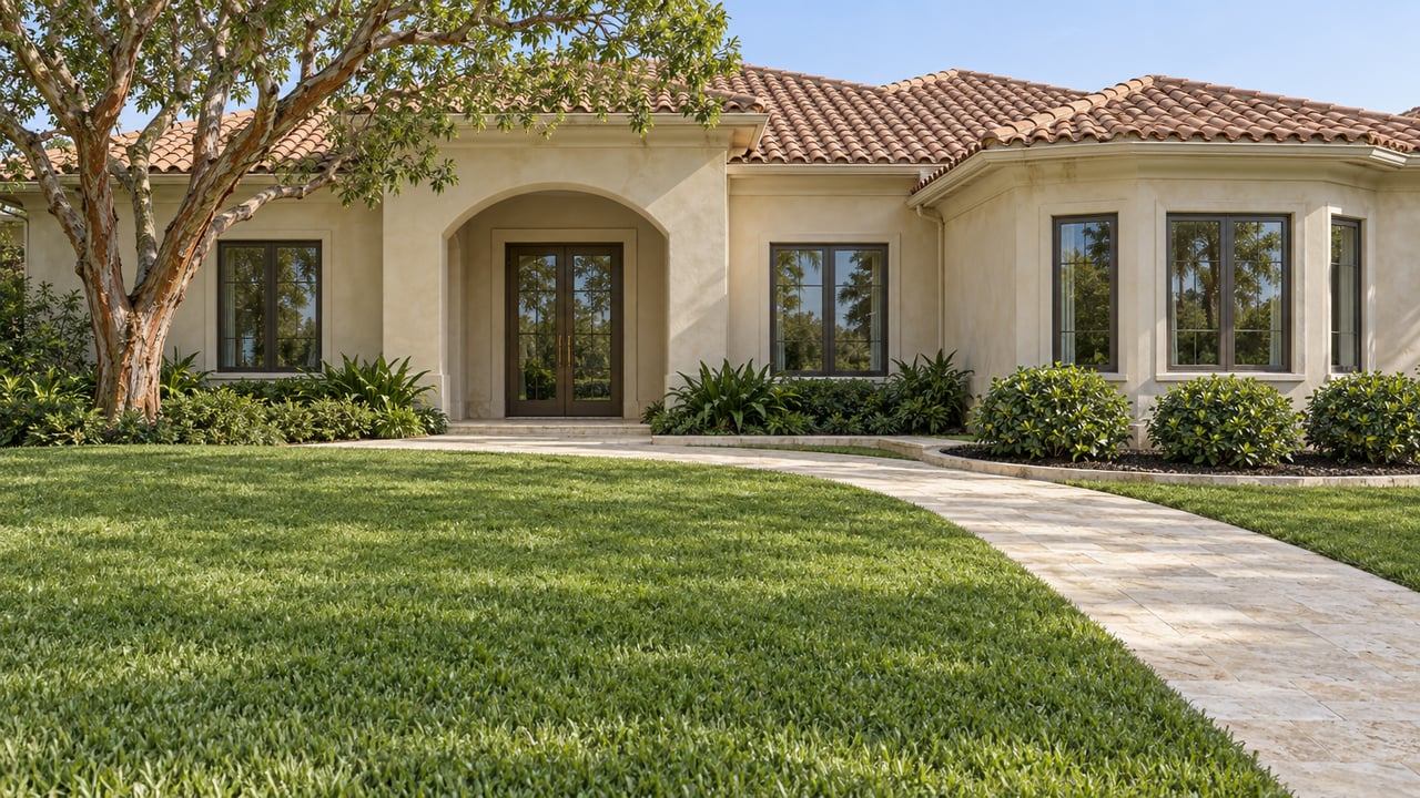 Cream stucco home with terracotta roof, bronze-framed windows and a pale stone approach across a deep green lawn.