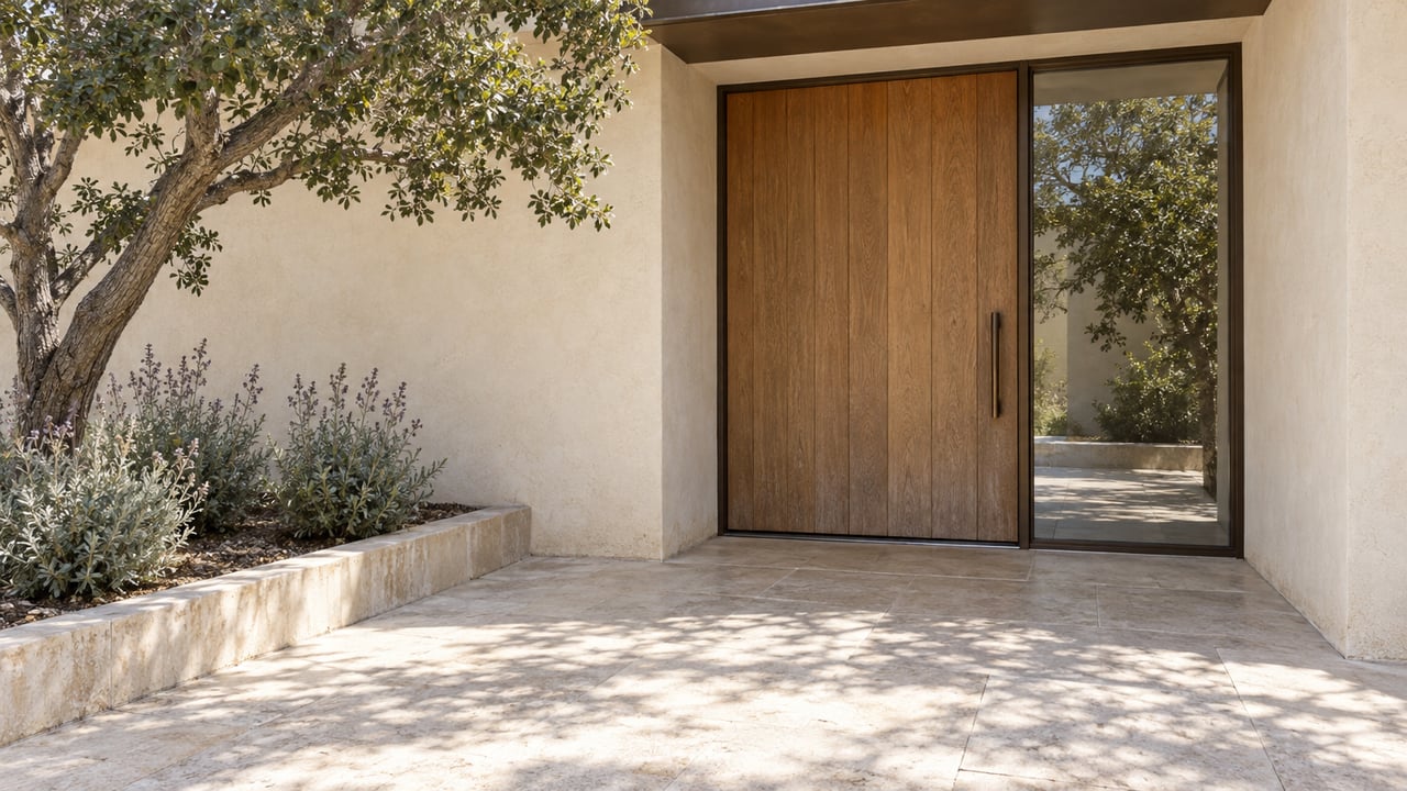 Sunlit limestone entry court beside an oak door, ivory plaster walls and a sculptural blue oak in a raised stone planting bed.